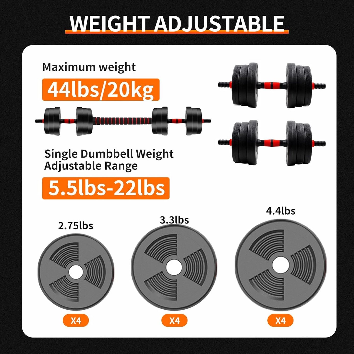 5-44lbs Adjustable Dumbbell to Barbell Set, Anti-Slip Grip, Versatile Home Gym Fitness