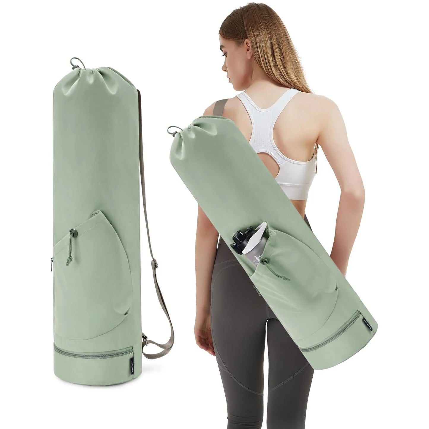 Yoga Mat Bag - Large Opening Long Tote Carrier with Waterproof Wet Pocket and Drawstring Water Bottle Pocket Adjustable Strap