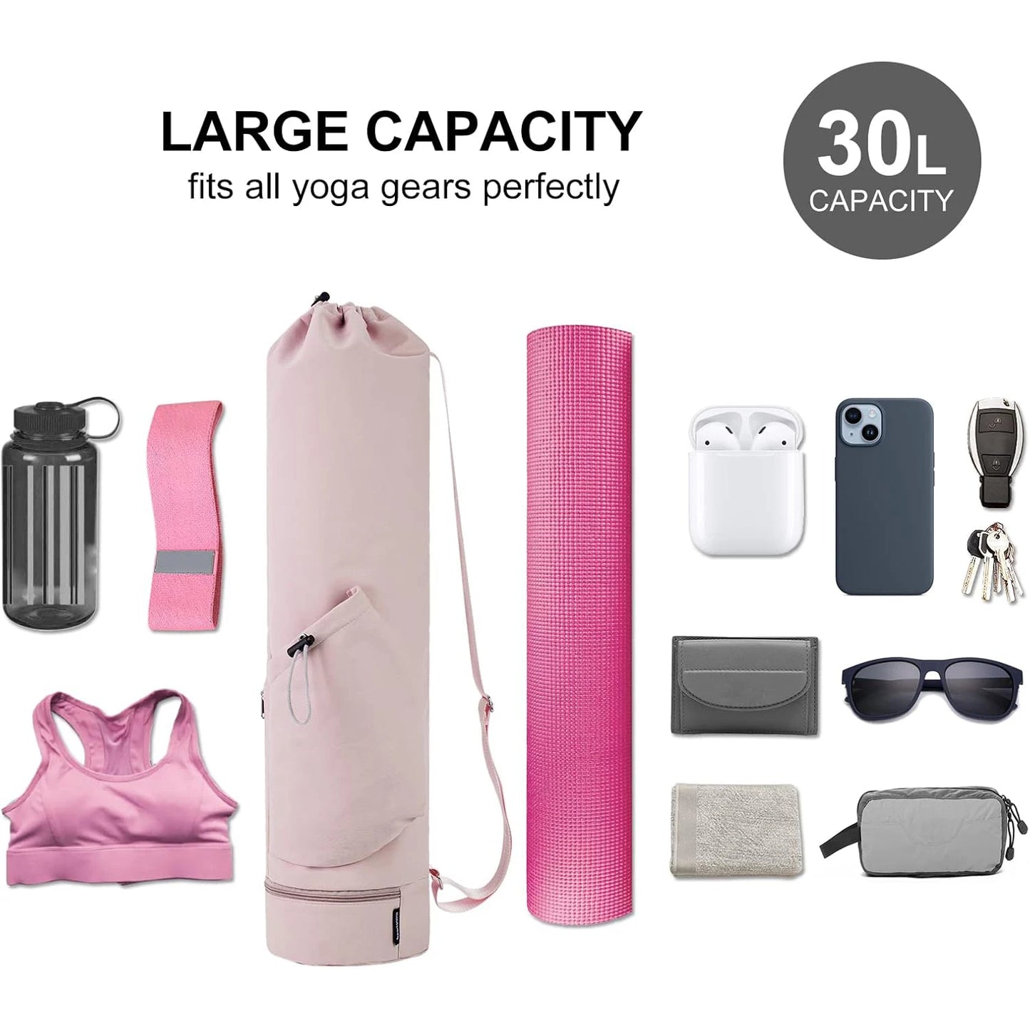 Yoga Mat Bag - Large Opening Long Tote Carrier with Waterproof Wet Pocket and Drawstring Water Bottle Pocket Adjustable Strap