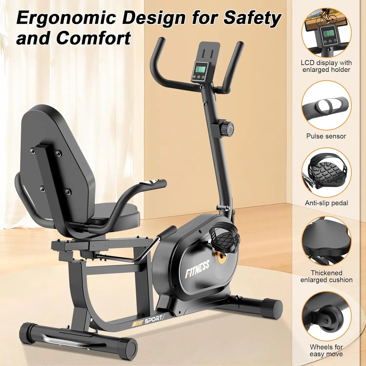 Recumbent Exercise Bike for Adults Seniors, Low-Impact Magnetic Stationary Exercise Bike