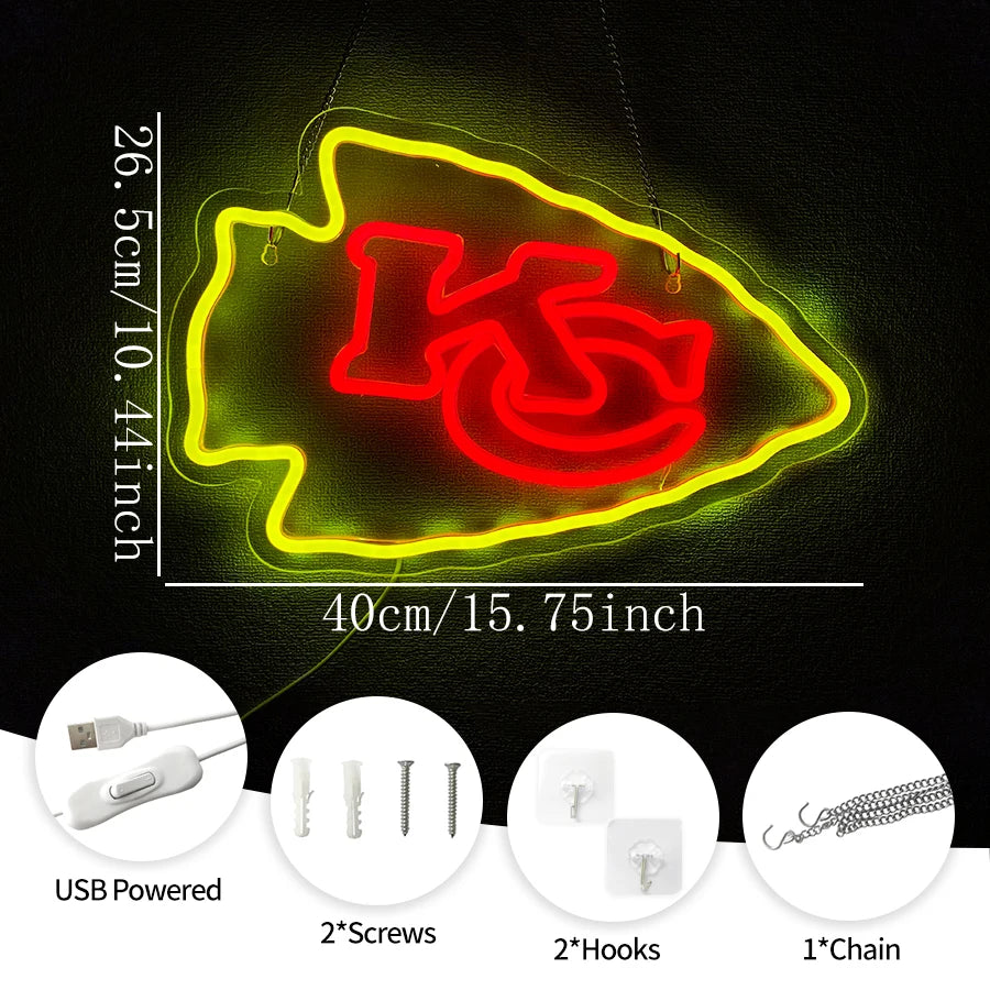 Football Sports Neon Sign Suitable for Chiefs,KC Logo for Wall Decor Stable Lighting Effect