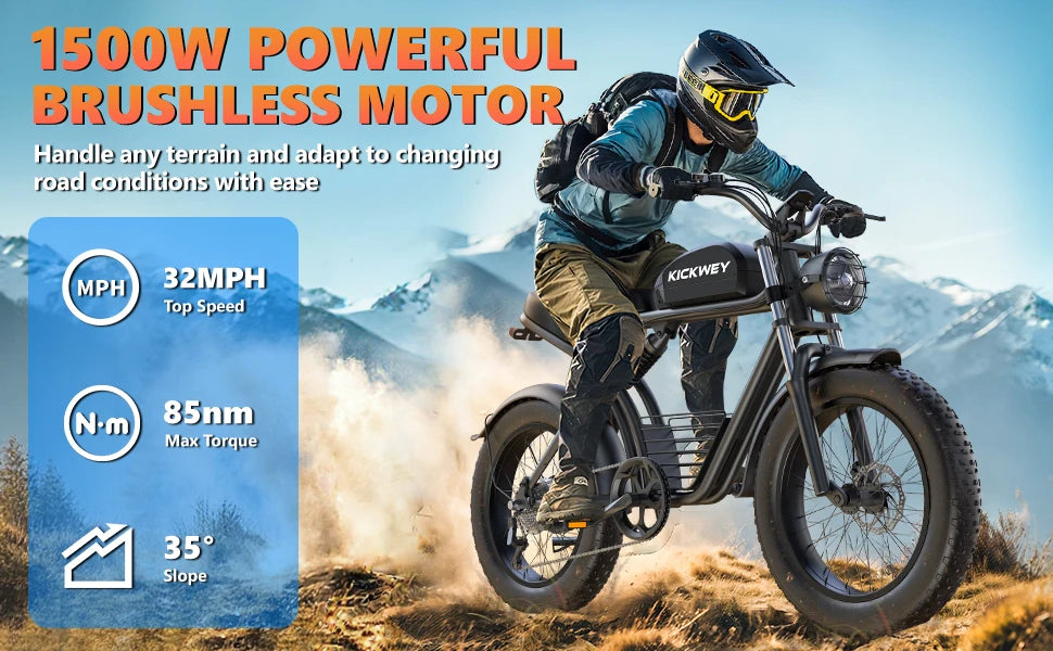 Kickwey K7 Electric bike 1500W Motor 48V 23AH Adult Electric bicycle 20 Inch Fat Tire 32MPH 7-Speed