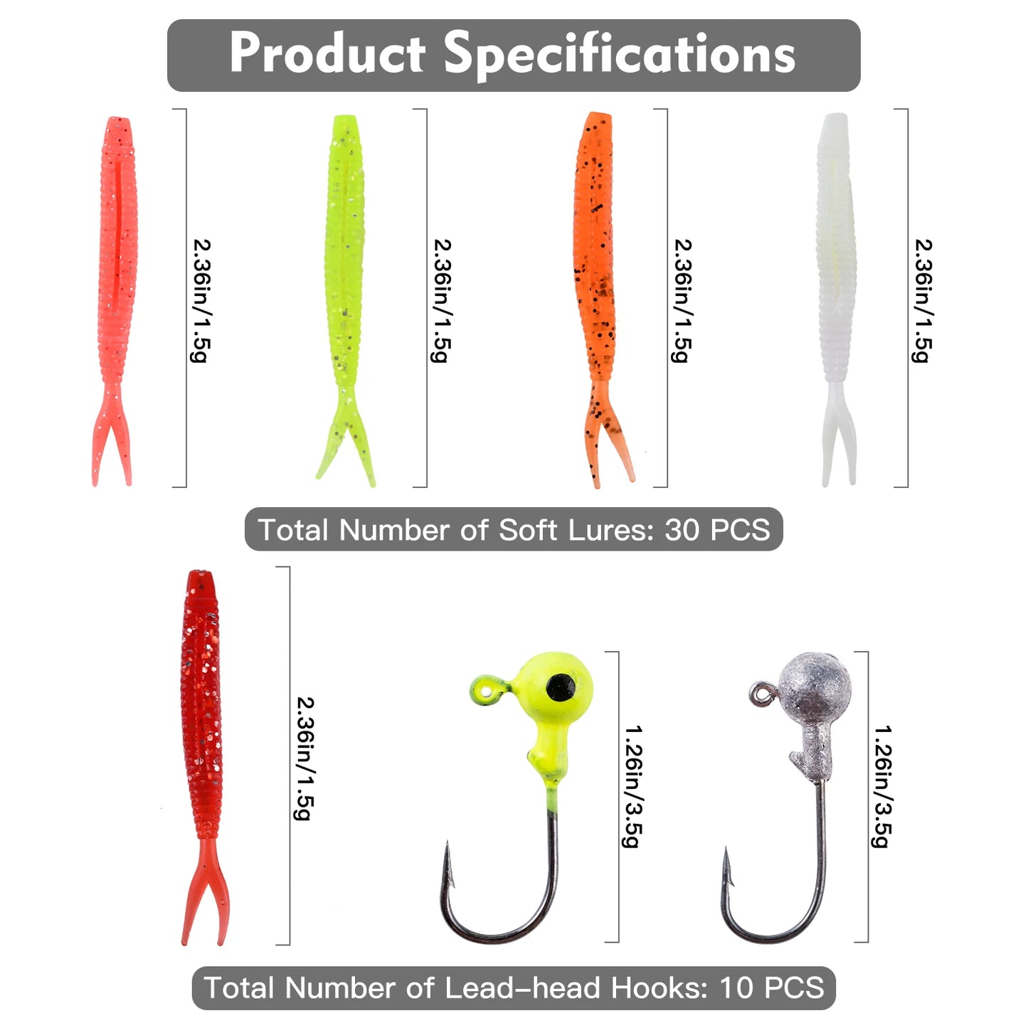 Goture 40pcs/lot Soft Lure Kit Soft Fishing Lure 5cm 0.7g Jig Head Hook 3.2cm 3.5g Fishing Hooks