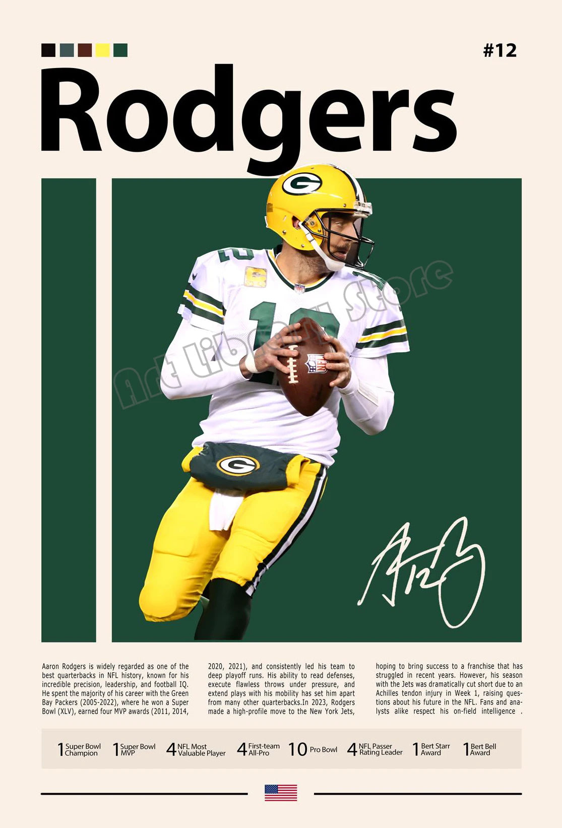 Famous American Football Star Player Rodgers Sports Motivational Quotes Poster