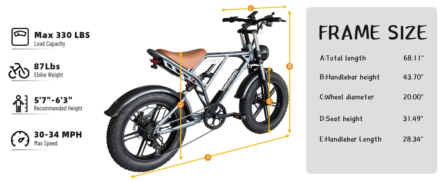 Deepower Electric Bike QS7 1000W 48V 60AH 20 Inch Fat Tire Ebike for Adults Mountain Off-Road Dual Batteries