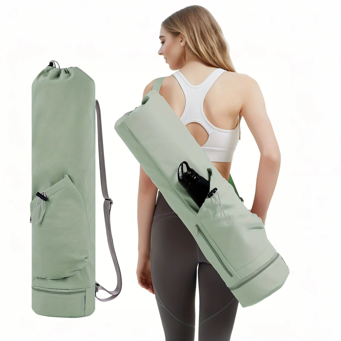 Yoga Mat Bag - Large Opening Long Tote Carrier with Waterproof Wet Pocket and Drawstring Water Bottle Pocket Adjustable Strap