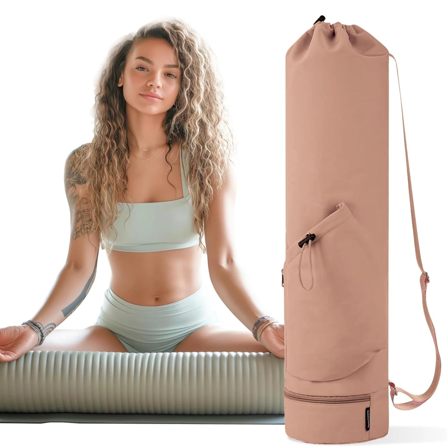 Yoga Mat Bag - Large Opening Long Tote Carrier with Waterproof Wet Pocket and Drawstring Water Bottle Pocket Adjustable Strap