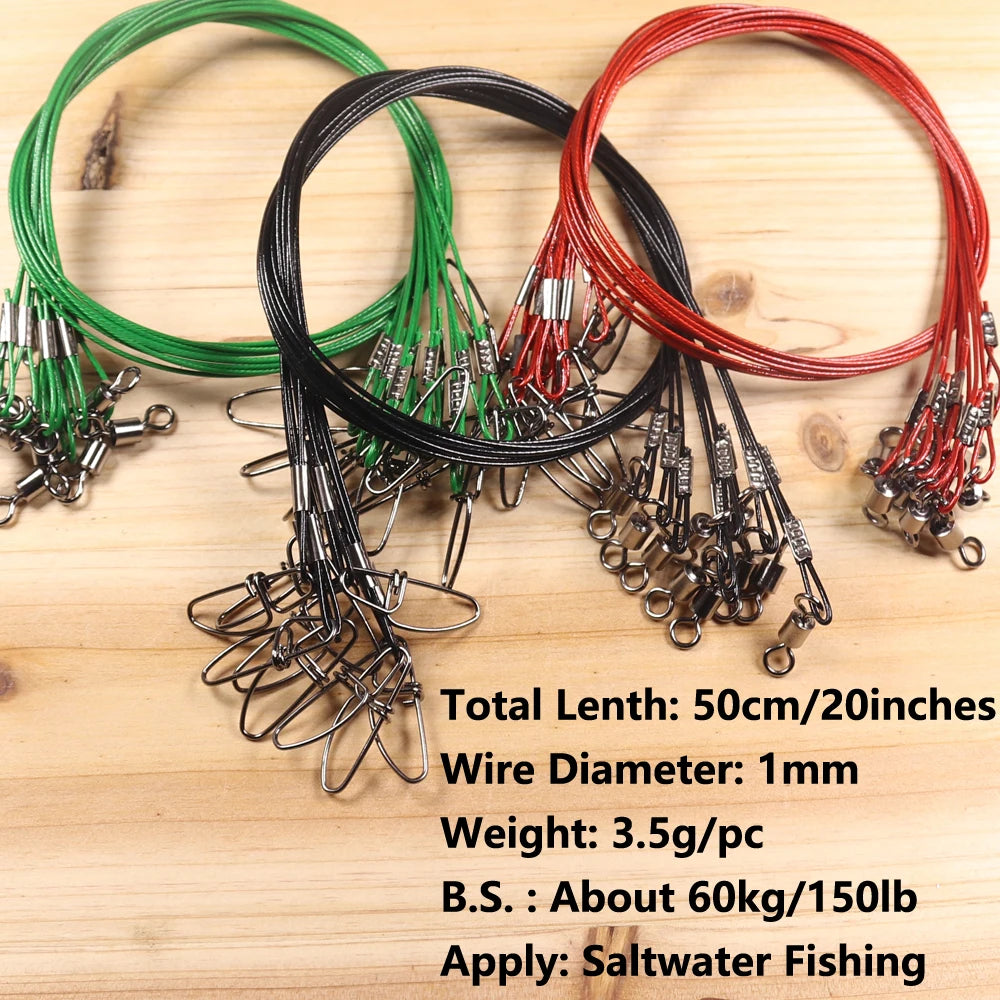 10pcs 50cm 150LB Thick Wire Steel Fishing Leader Trace With Swivel Snap Lure Jig Hook Connector Saltwater Fishing Accessories