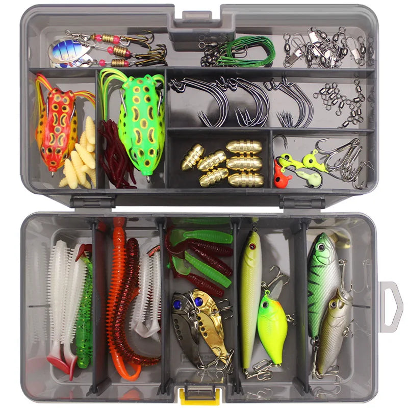 Fishing Lure Kit 101 Pieces Set Pliers Worm Hook Soft Bait Popper Pencil Crank Wobbler VIB Minnow Frog Spinner Connector Jig