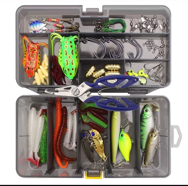 Fishing Lure Kit 101 Pieces Set Pliers Worm Hook Soft Bait Popper Pencil Crank Wobbler VIB Minnow Frog Spinner Connector Jig