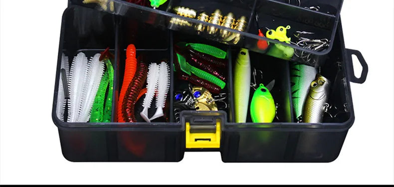 Fishing Lure Kit 101 Pieces Set Pliers Worm Hook Soft Bait Popper Pencil Crank Wobbler VIB Minnow Frog Spinner Connector Jig