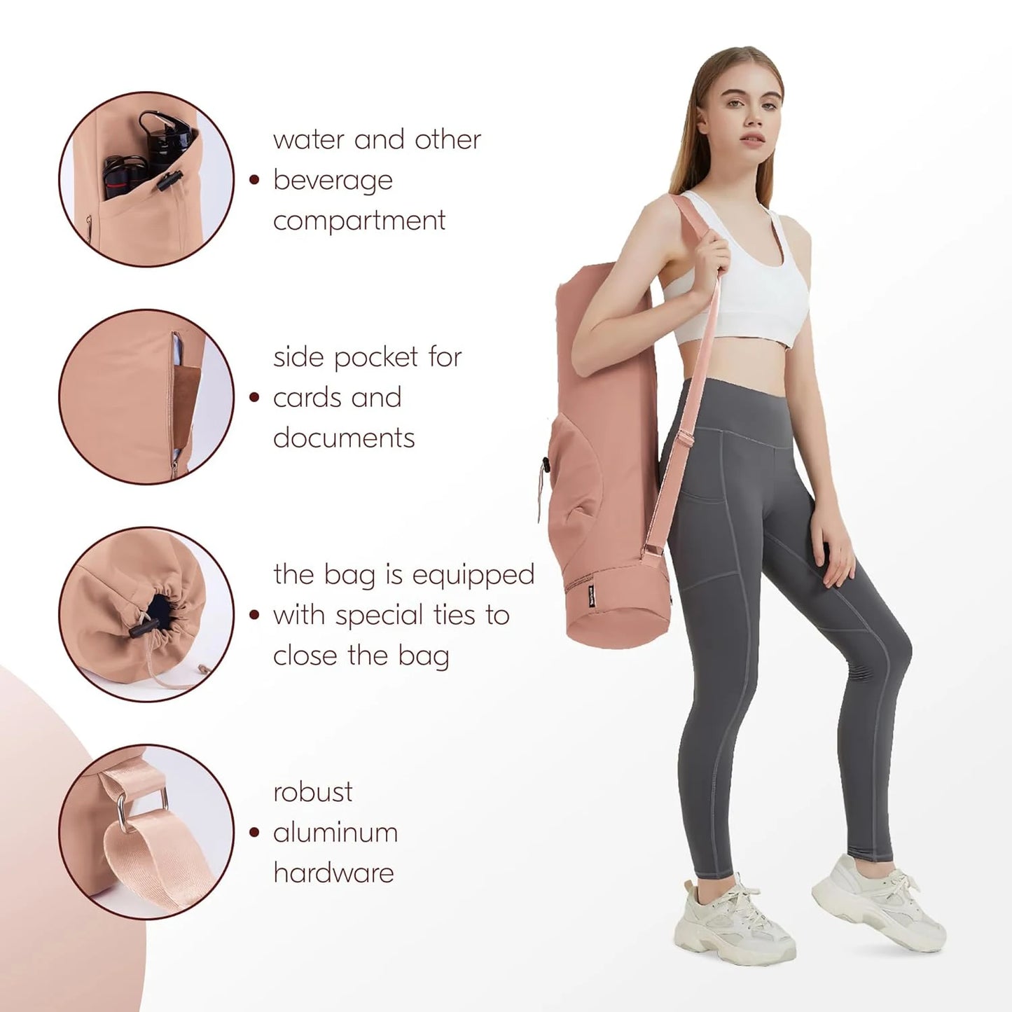 Yoga Mat Bag - Large Opening Long Tote Carrier with Waterproof Wet Pocket and Drawstring Water Bottle Pocket Adjustable Strap