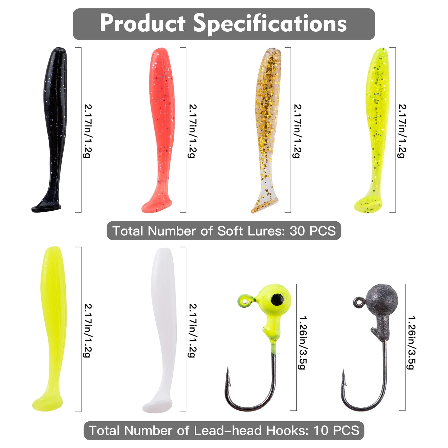 Goture 40pcs/lot Soft Lure Kit Soft Fishing Lure 5cm 0.7g Jig Head Hook 3.2cm 3.5g Fishing Hooks