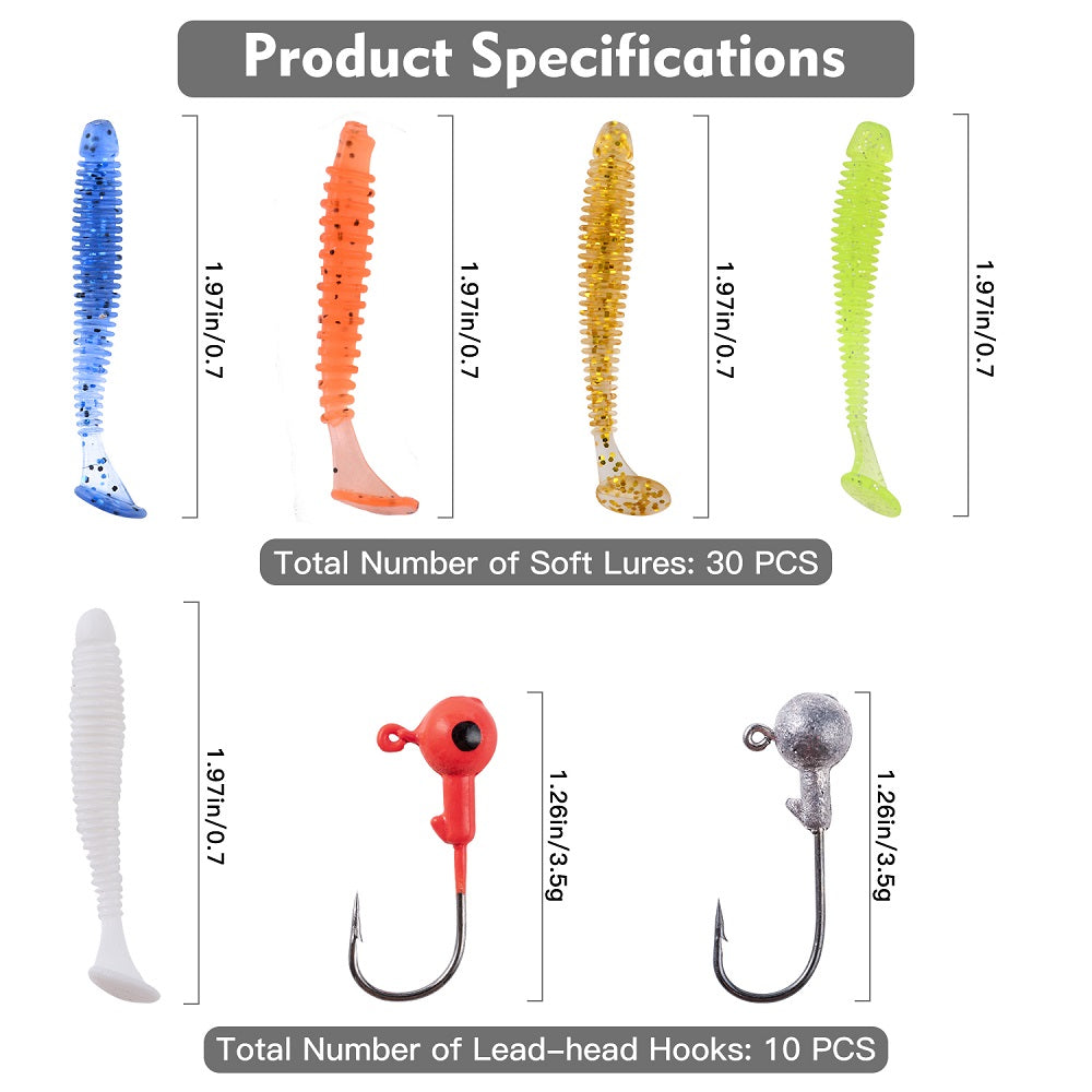 Goture 40pcs/lot Soft Lure Kit Soft Fishing Lure 5cm 0.7g Jig Head Hook 3.2cm 3.5g Fishing Hooks