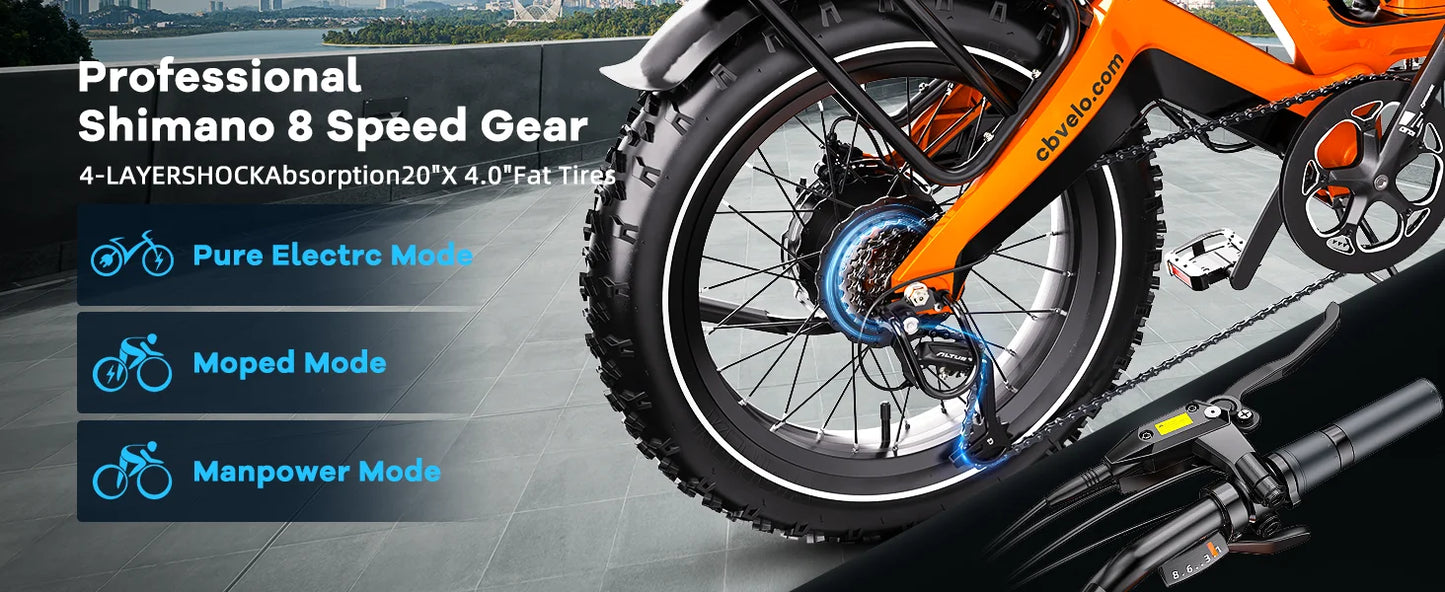 1000W(Peak 2000W)Folding Electric Bike for Adults,35MPH 100Mile,48V 25Ah Removable Battery