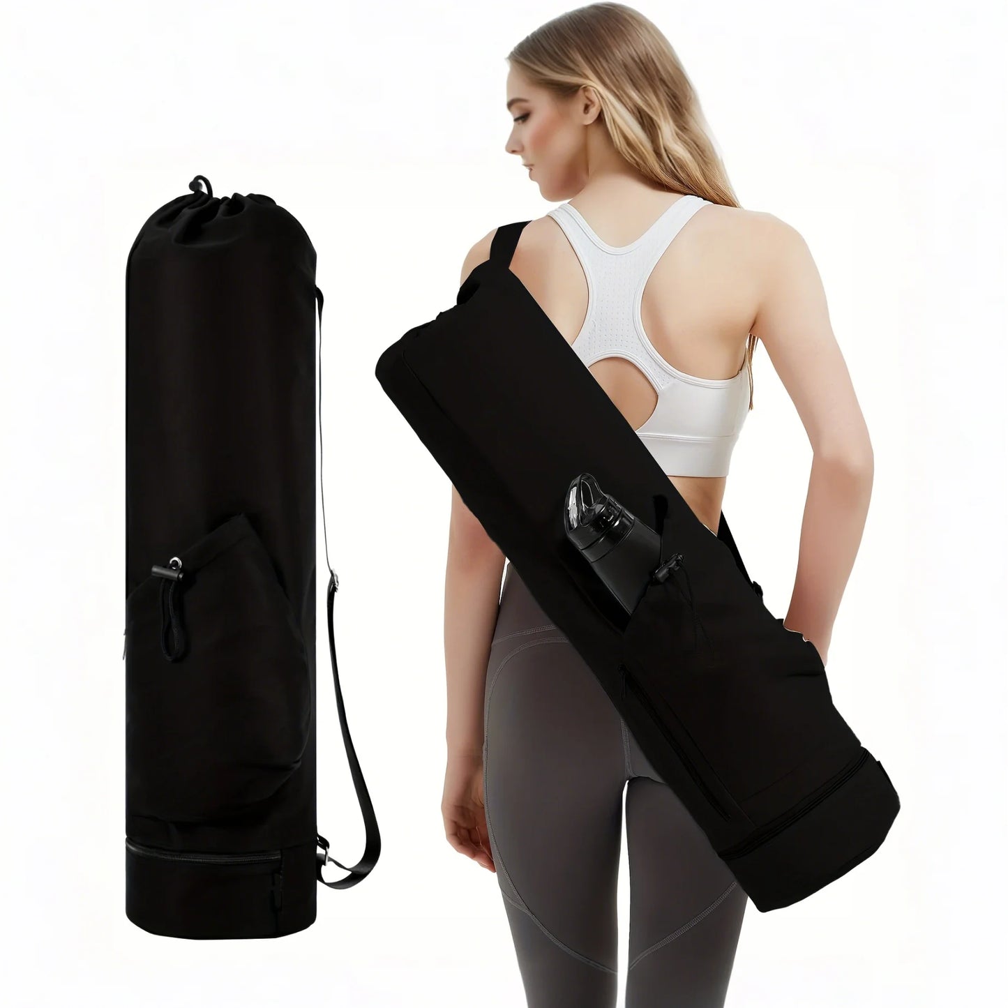 Yoga Mat Bag - Large Opening Long Tote Carrier with Waterproof Wet Pocket and Drawstring Water Bottle Pocket Adjustable Strap