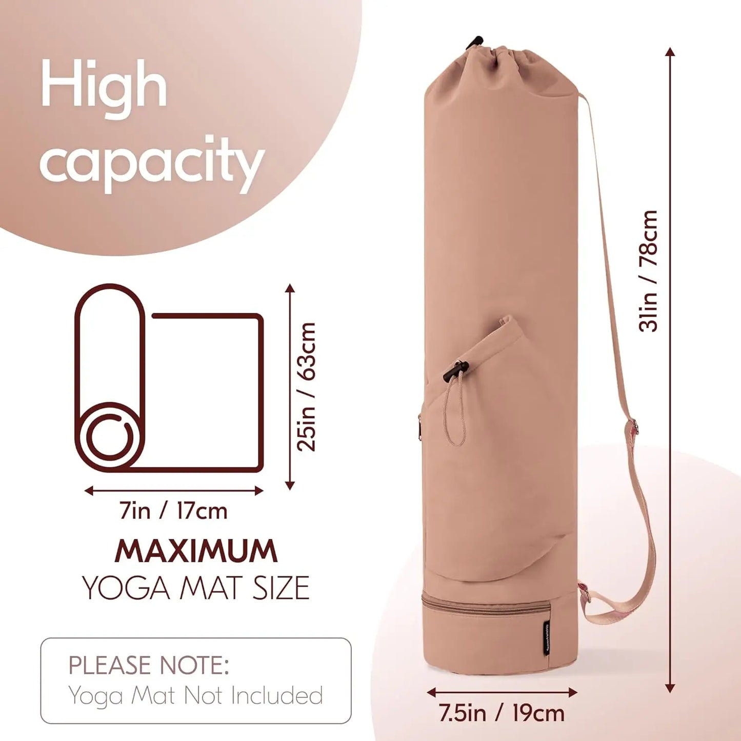 Yoga Mat Bag - Large Opening Long Tote Carrier with Waterproof Wet Pocket and Drawstring Water Bottle Pocket Adjustable Strap