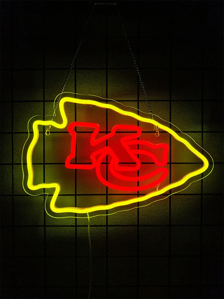 Football Sports Neon Sign Suitable for Chiefs,KC Logo for Wall Decor Stable Lighting Effect