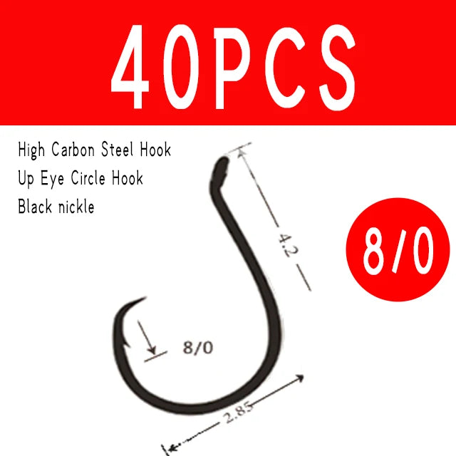 WIFREO 40PCS Fishing Accessories 3/0 5/0 6/0 7/0 8/0 Up Eye Circle Hook Saltwater Catfish