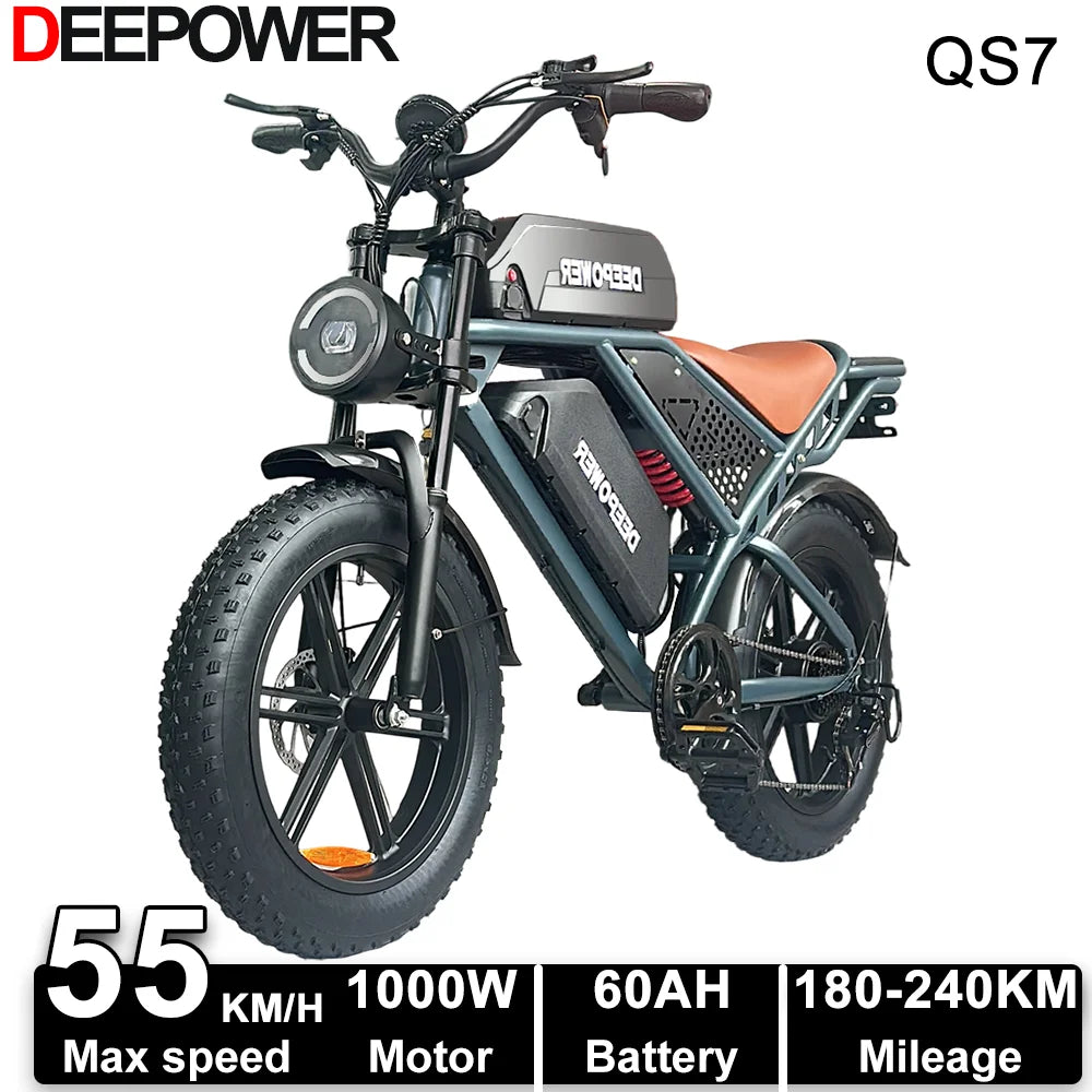 Deepower Electric Bike QS7 1000W 48V 60AH 20 Inch Fat Tire Ebike for Adults Mountain Off-Road Dual Batteries