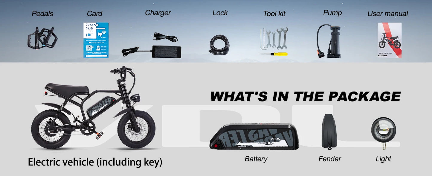 VDL Mountain Electric Bike , 16" Fat Tire Ebike, Wider Seat 800W Peak Motor, Removable Battery,