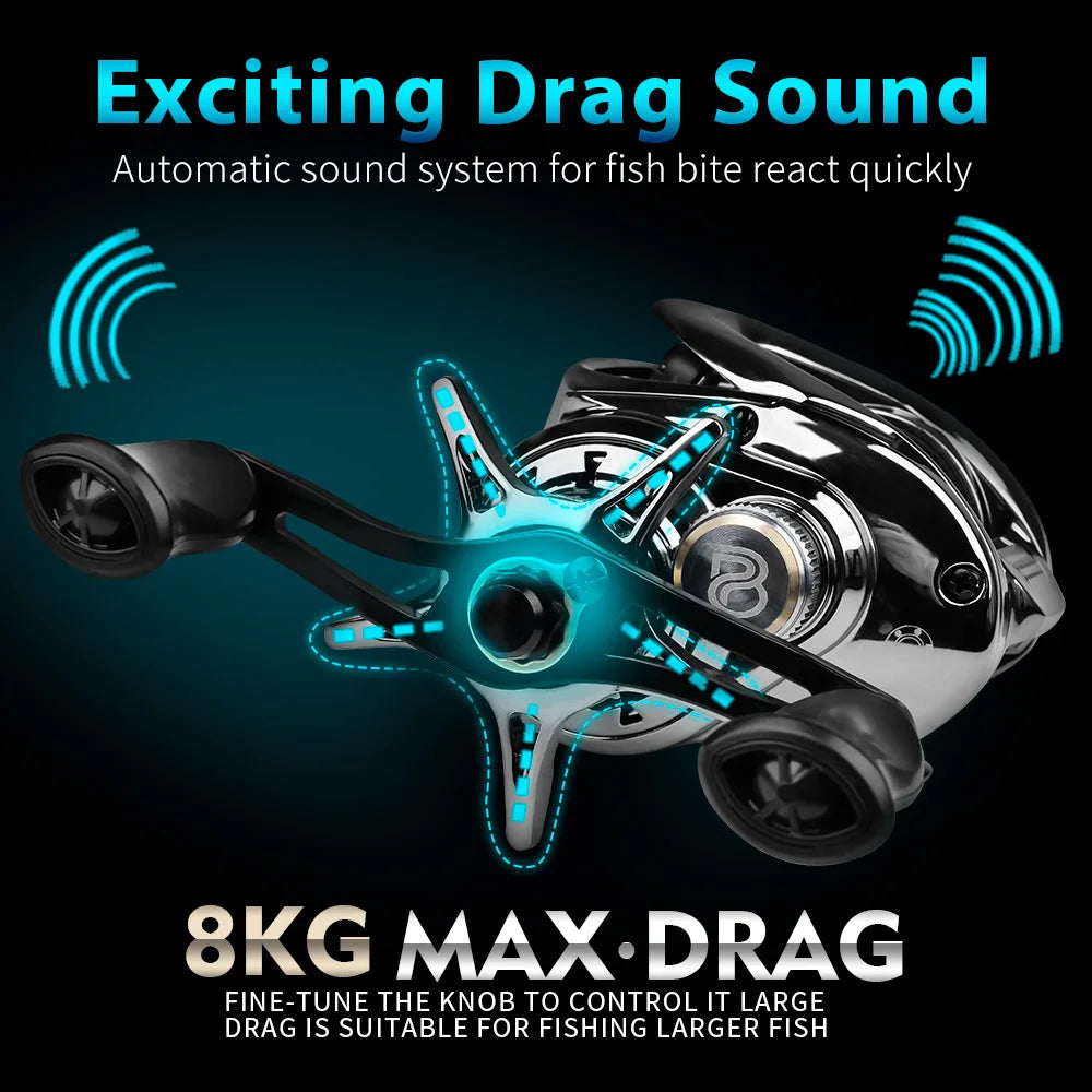 Baitcasting Reel 7.2:1 Gear Ratio 5+1BB Bearings Drag Alarm Long Cast Anti-Tangle