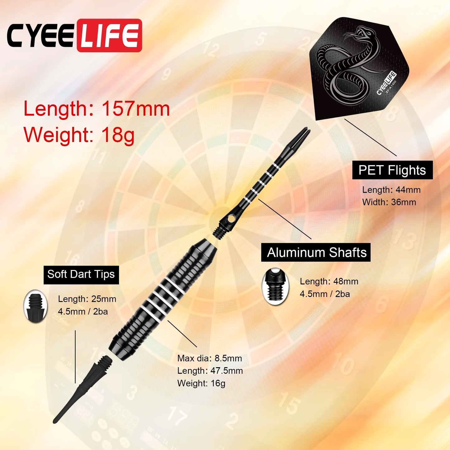 CyeeLife 18g Soft tipped Darts Professional Indoor plastic tip Darts Set