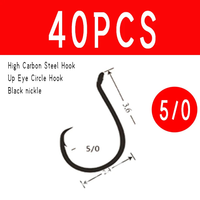 WIFREO 40PCS Fishing Accessories 3/0 5/0 6/0 7/0 8/0 Up Eye Circle Hook Saltwater Catfish