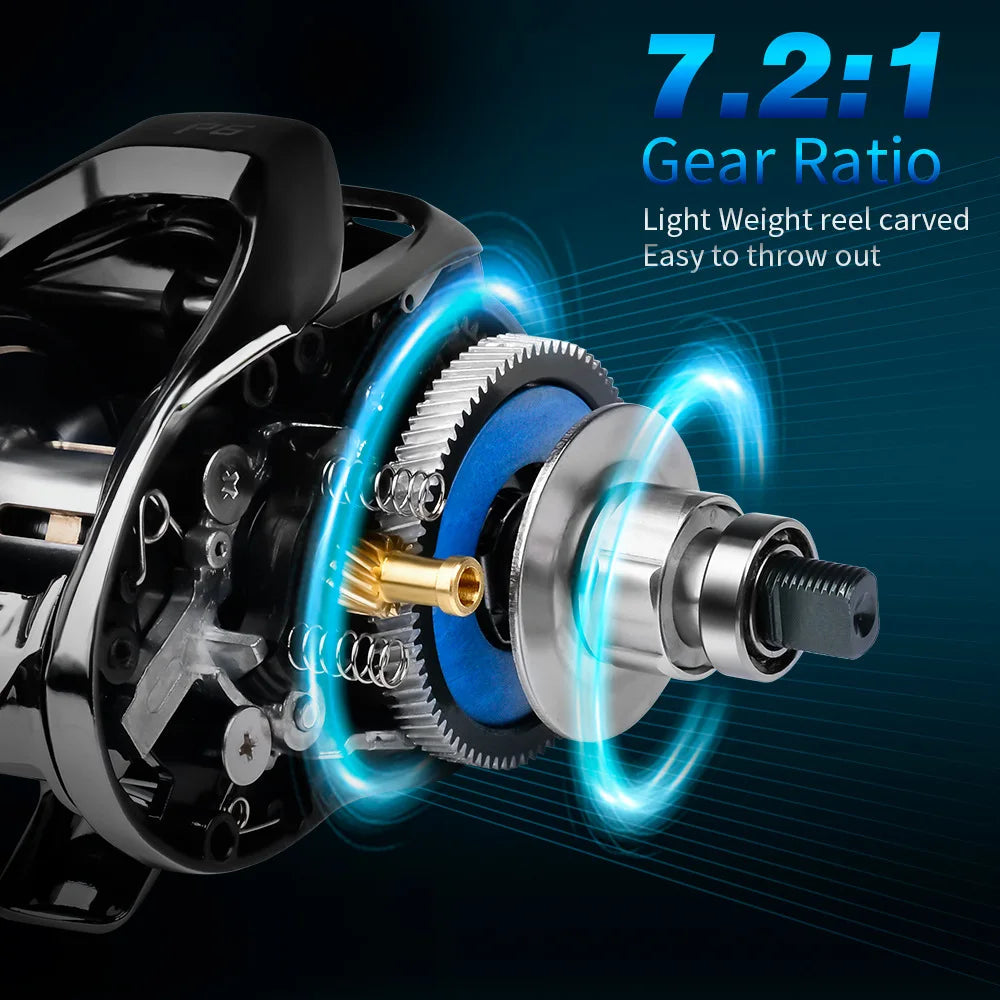 Baitcasting Reel 7.2:1 Gear Ratio 5+1BB Bearings Drag Alarm Long Cast Anti-Tangle