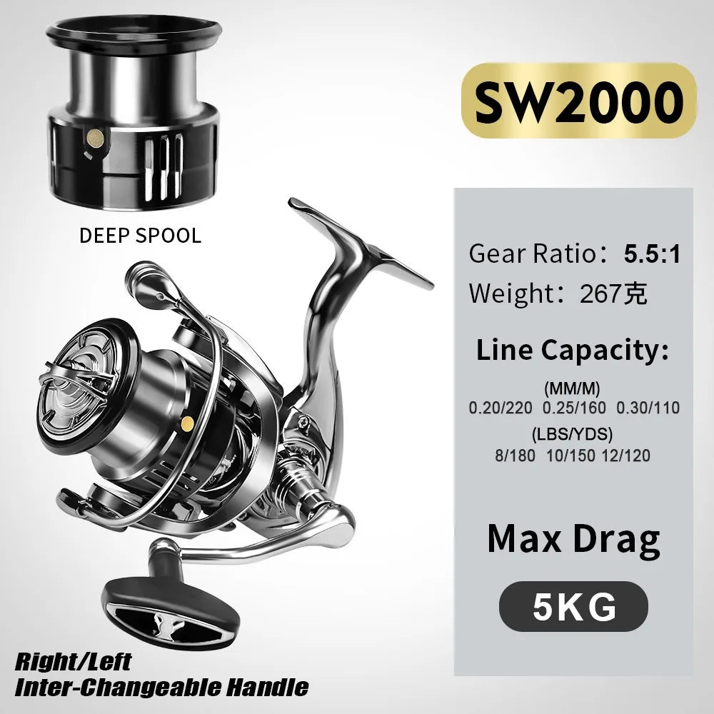 Spinning Reel 1000S 2000S 2500S 3000S CNC Metal Rocker Arm Casting  5.5:1 Gear Ratio 7+1BB Fishing Tackle