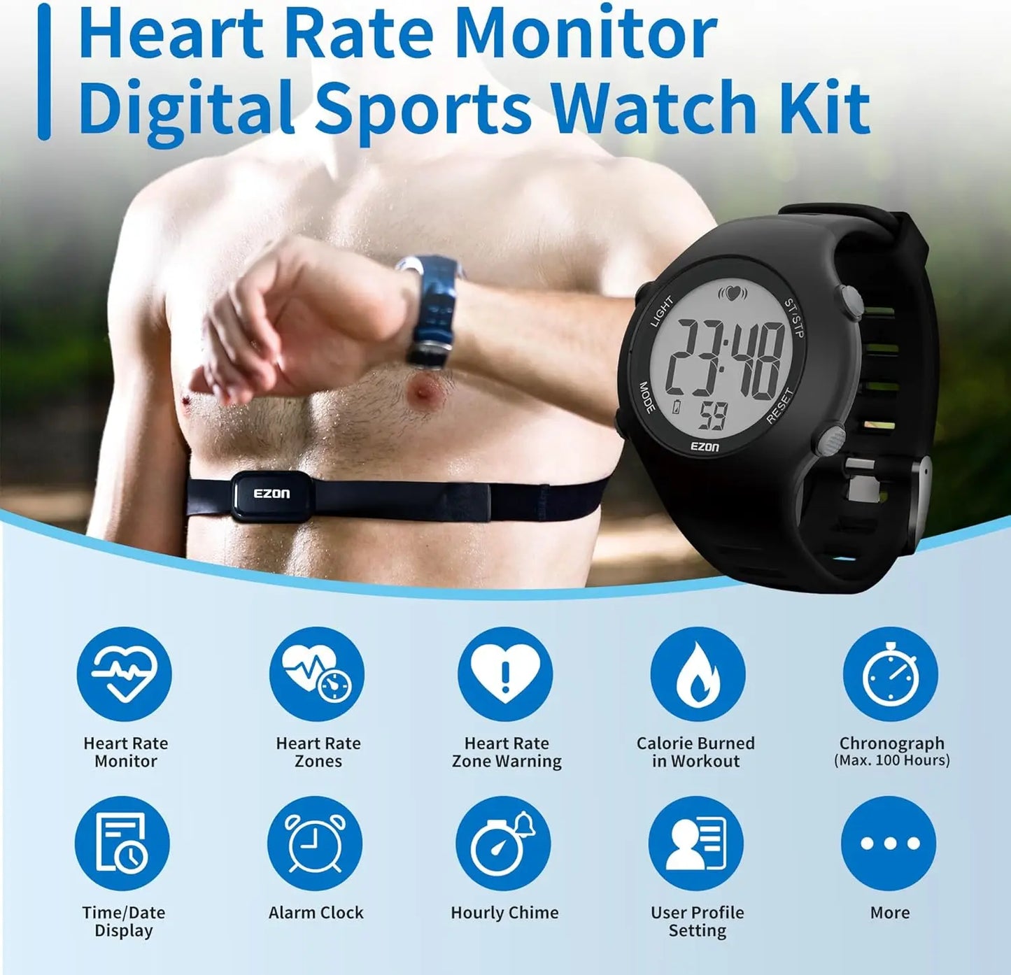 50M Waterproof Heart Rate Monitor Sport Fitness Watch Men Women Outdoor Cycling Sport Wireless With Chest Strap Heart Rate