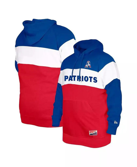 New Era | Men's Royal Distressed New England Patriots Big and Tall Throwback Colorblock Pullover Hoodie