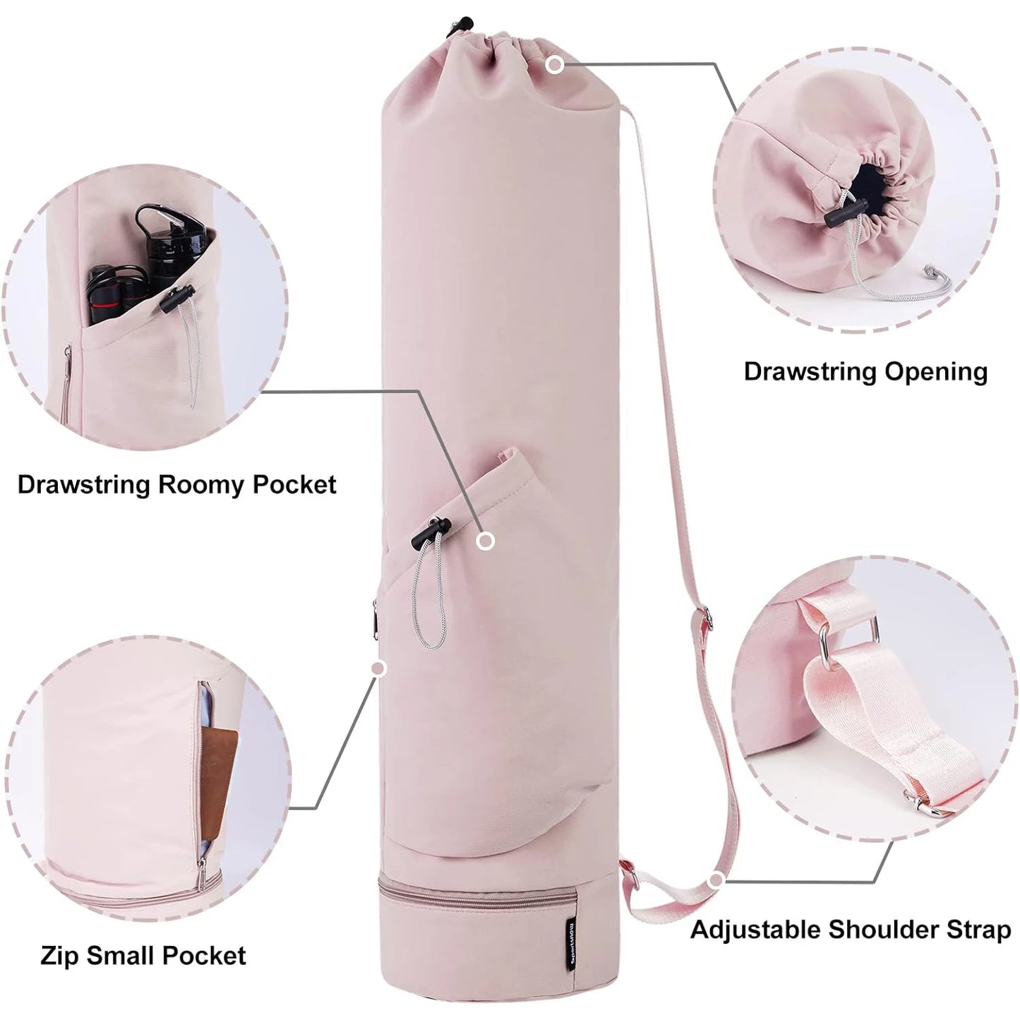 Yoga Mat Bag - Large Opening Long Tote Carrier with Waterproof Wet Pocket and Drawstring Water Bottle Pocket Adjustable Strap