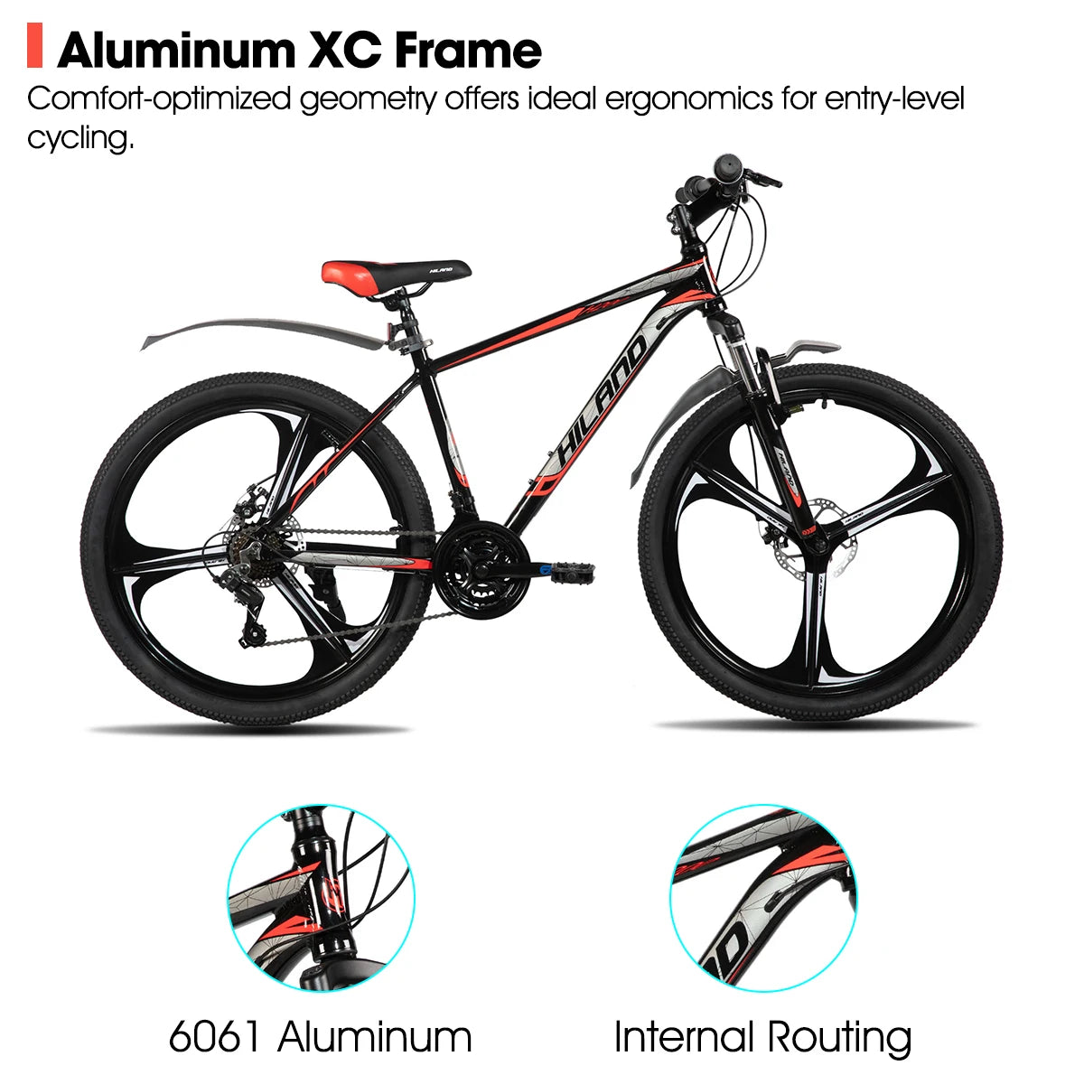 HILAND Mountain Bike, 3 Spokes, 18 Speeds Drivetrain, Aluminum Frame 26 Inch Wheels,
