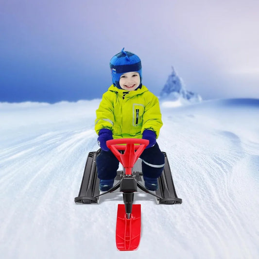Snow Racer Sled Winter Sport Ski Sled Slider Board with Steering Wheel Brakes Durable Steel Frame for Kids Teenagers