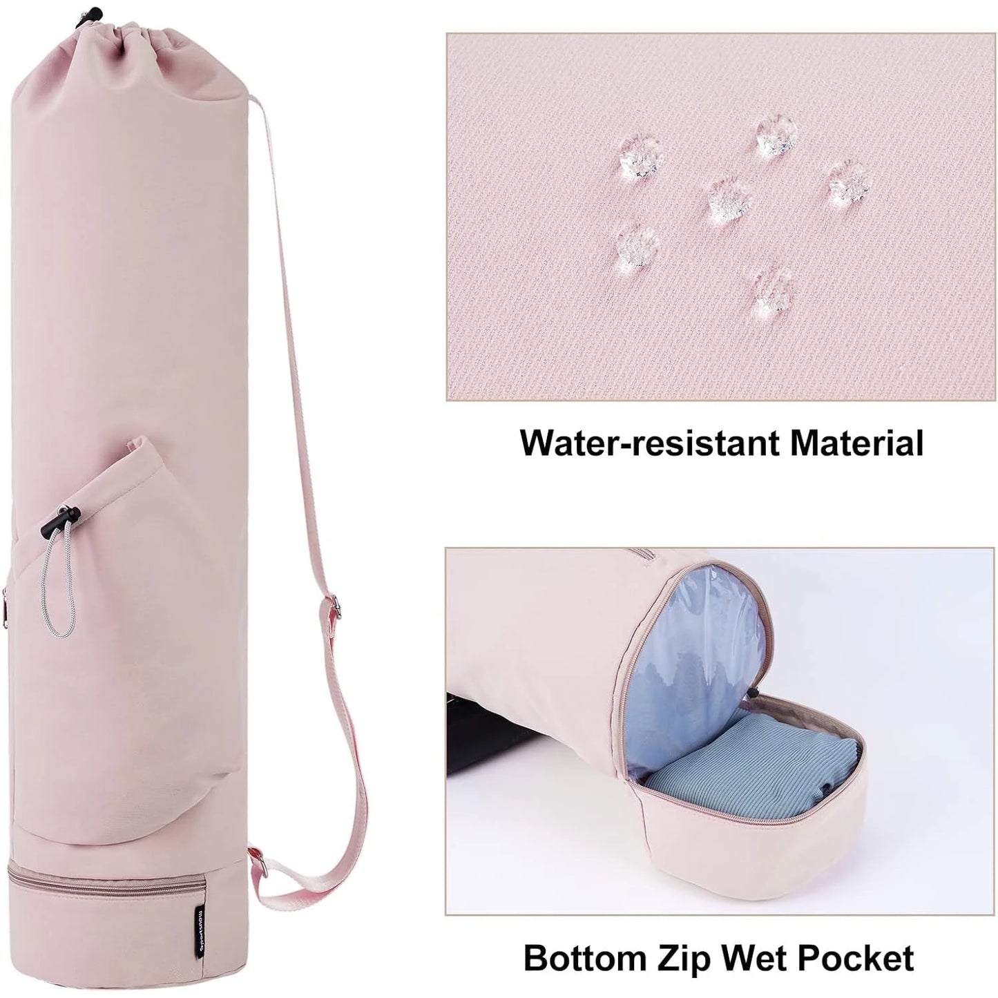 Yoga Mat Bag - Large Opening Long Tote Carrier with Waterproof Wet Pocket and Drawstring Water Bottle Pocket Adjustable Strap