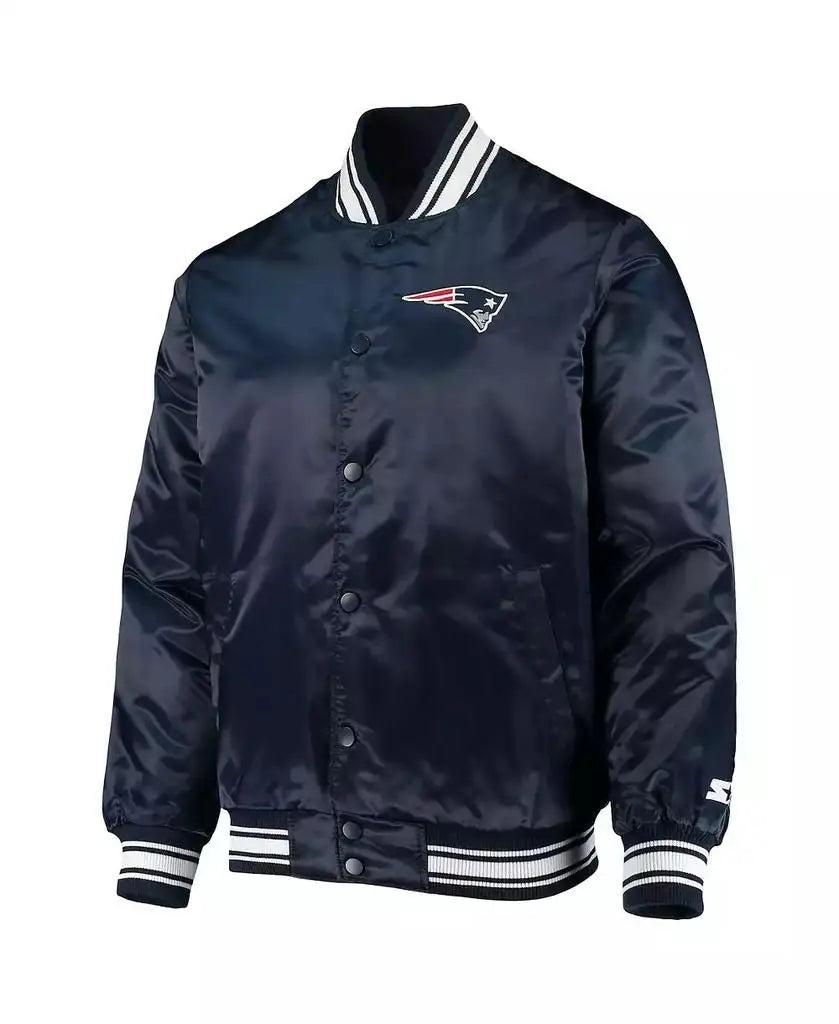 Men's Navy New England Patriots Varsity Full-Snap Satin Running Jacket