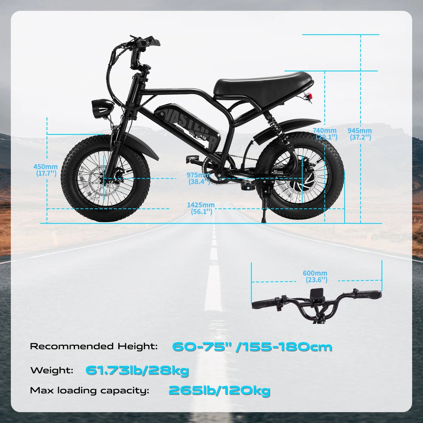 VDL Mountain Electric Bike , 16" Fat Tire Ebike, Wider Seat 800W Peak Motor, Removable Battery,