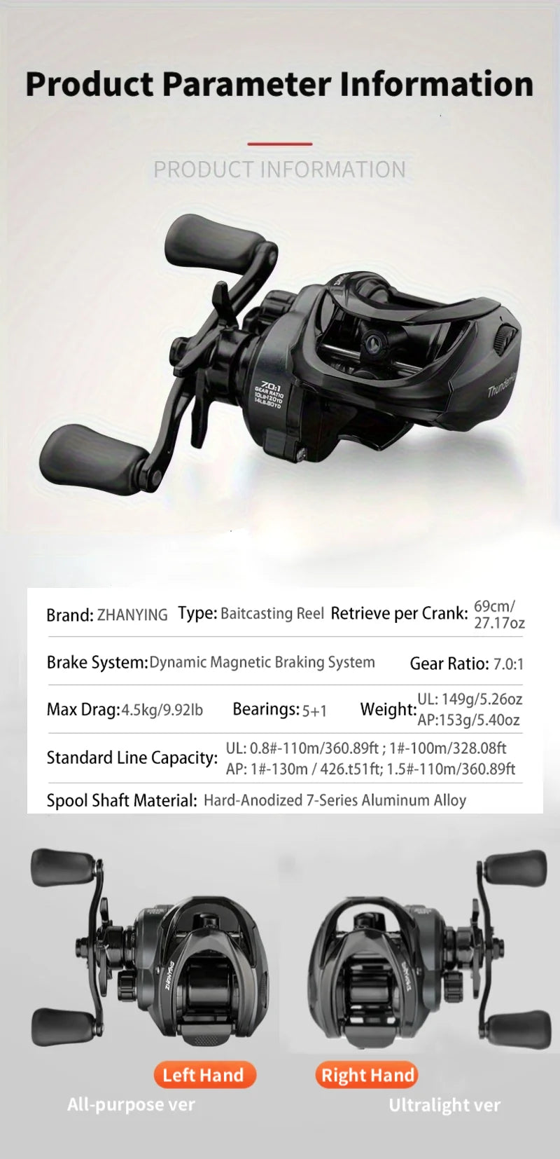 ThunderHawk Baitcasting Reel 7.0:1 Gear Ratio 4.5kg Max Drag Saltwater