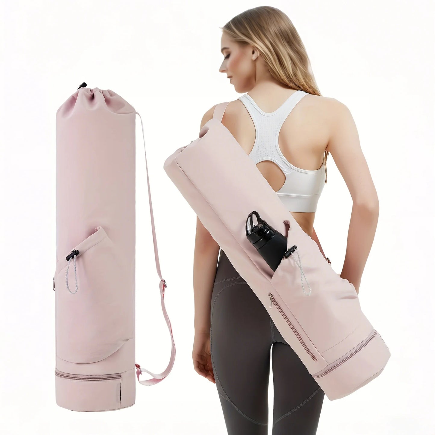Yoga Mat Bag - Large Opening Long Tote Carrier with Waterproof Wet Pocket and Drawstring Water Bottle Pocket Adjustable Strap