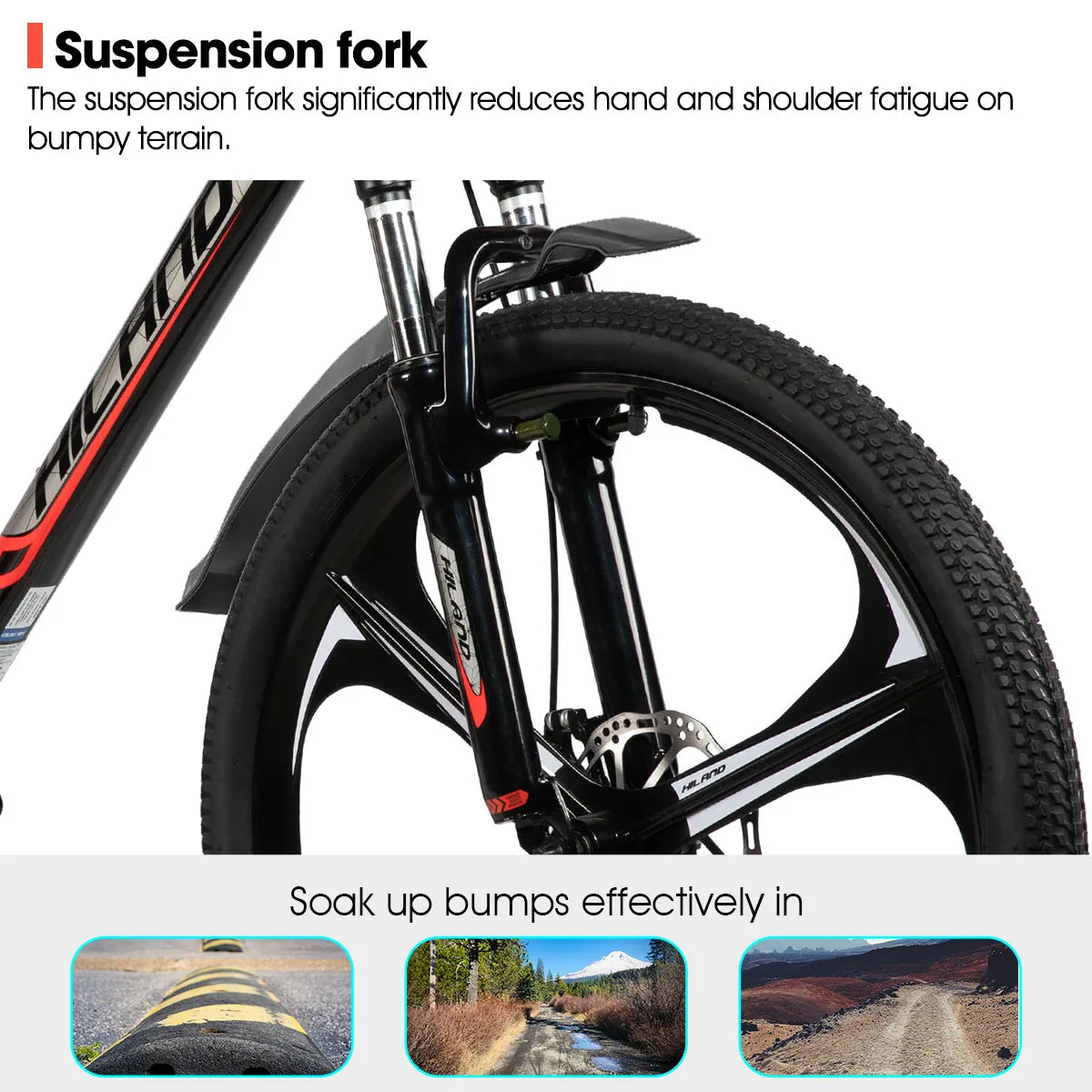 HILAND Mountain Bike, 3 Spokes, 18 Speeds Drivetrain, Aluminum Frame 26 Inch Wheels,