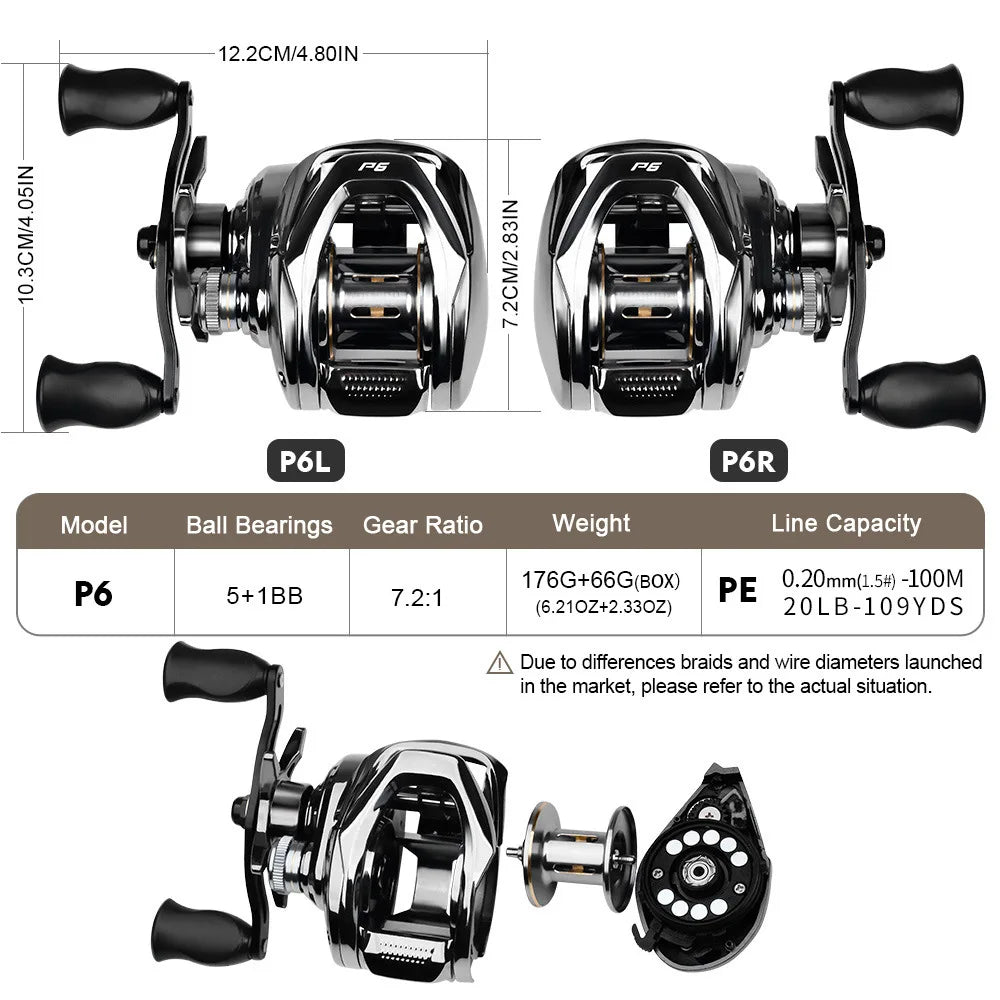 Baitcasting Reel 7.2:1 Gear Ratio 5+1BB Bearings Drag Alarm Long Cast Anti-Tangle