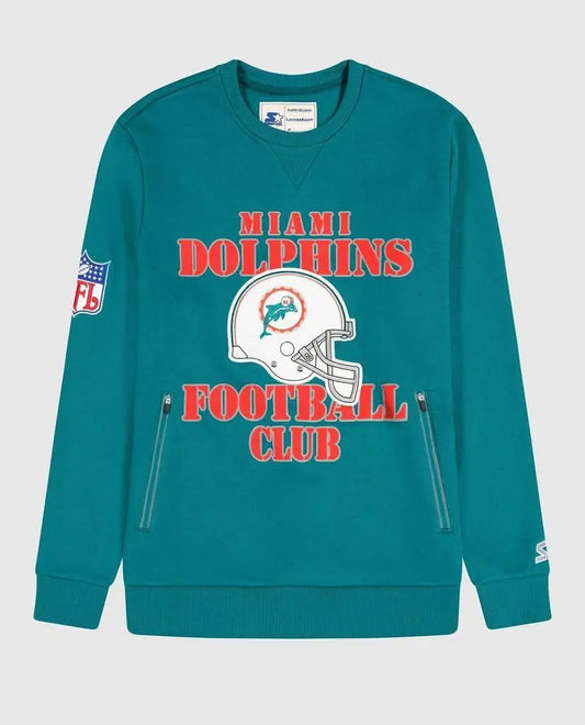Starter | Men's Miami Dolphins Crew Neck Sweatshirt With Zip Pockets In Aqua