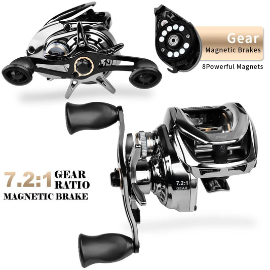Baitcasting Reel 7.2:1 Gear Ratio 5+1BB Bearings Drag Alarm Long Cast Anti-Tangle