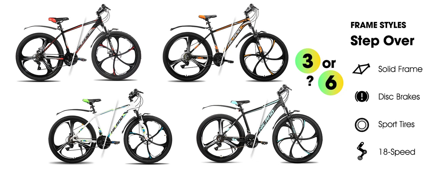 HILAND Mountain Bike, 3 Spokes, 18 Speeds Drivetrain, Aluminum Frame 26 Inch Wheels,