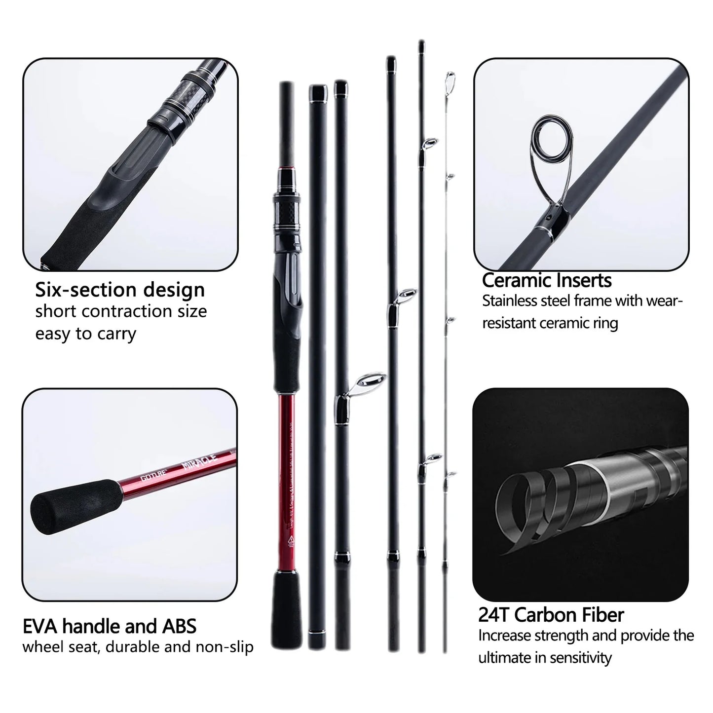 Goture Spinning Fishing Rod M/MH 6 Sections Ultralight  24T Carbon Fiber Lure Pole