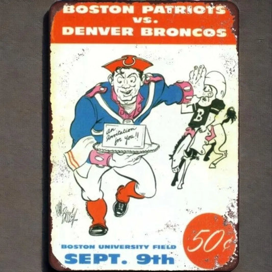 FootballFableArtz Boston Patriots VS Denver Broncos Vintage Reproduction Sign | Retro Football Decor | Must - Have Collectible