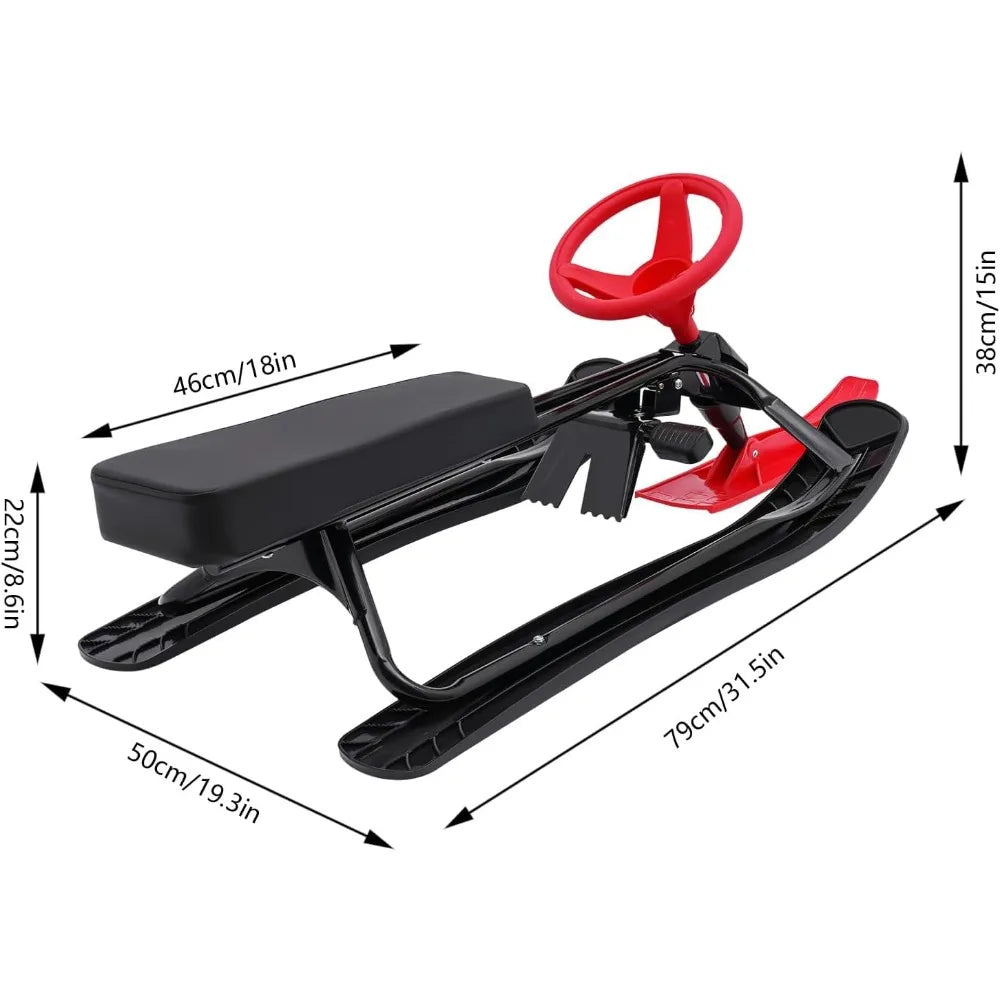 Snow Racer Sled Winter Sport Ski Sled Slider Board with Steering Wheel Brakes Durable Steel Frame for Kids Teenagers