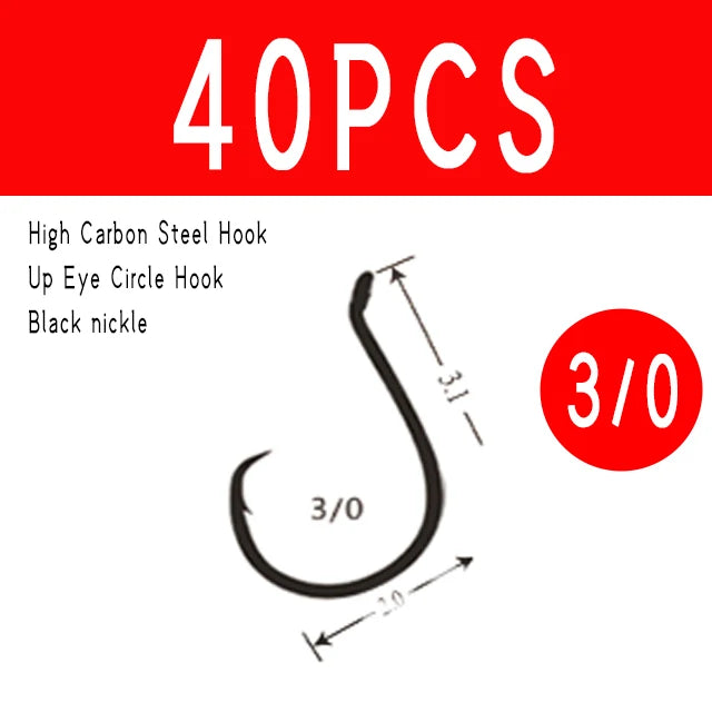 WIFREO 40PCS Fishing Accessories 3/0 5/0 6/0 7/0 8/0 Up Eye Circle Hook Saltwater Catfish