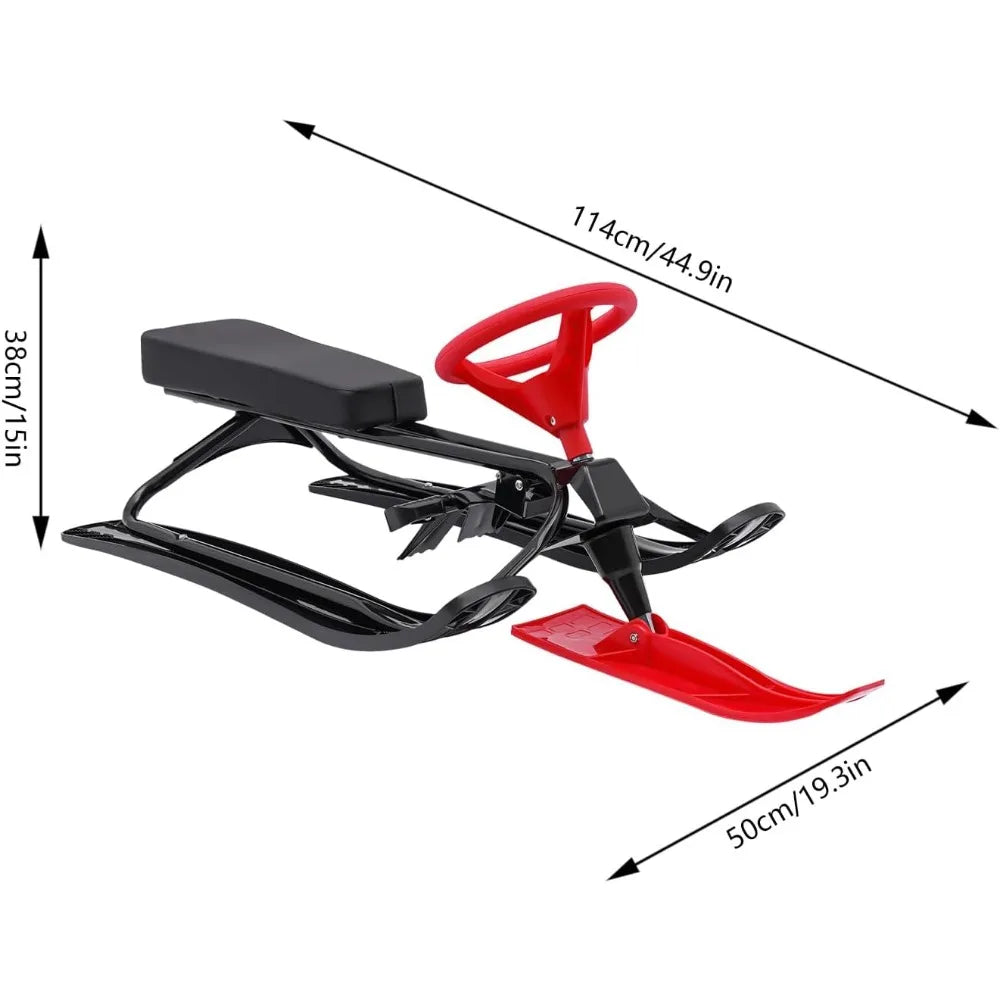 Snow Racer Sled Winter Sport Ski Sled Slider Board with Steering Wheel Brakes Durable Steel Frame for Kids Teenagers